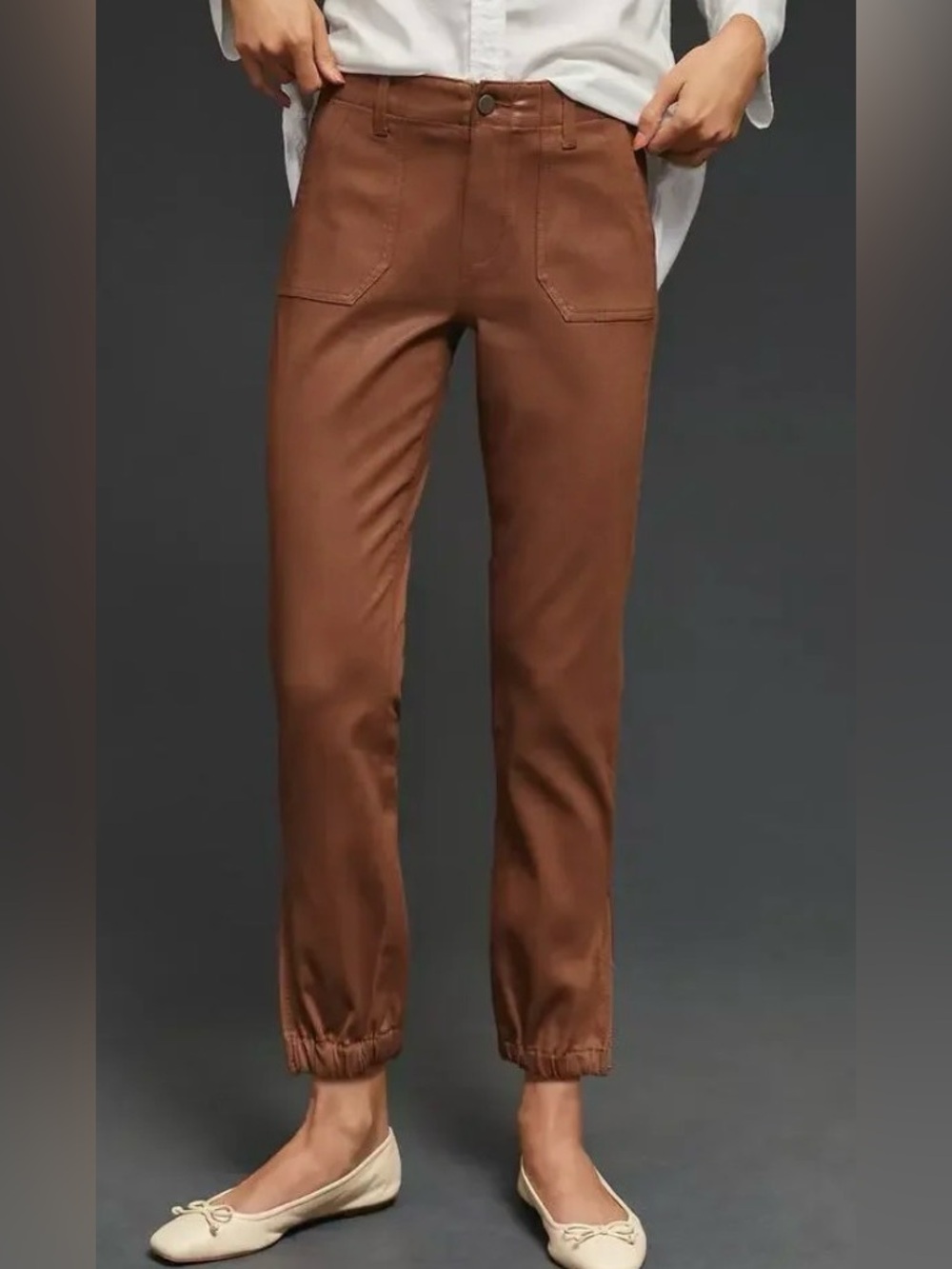 Paige Cognac Mid-Rise Coated Jogger Jeans - 27 waist